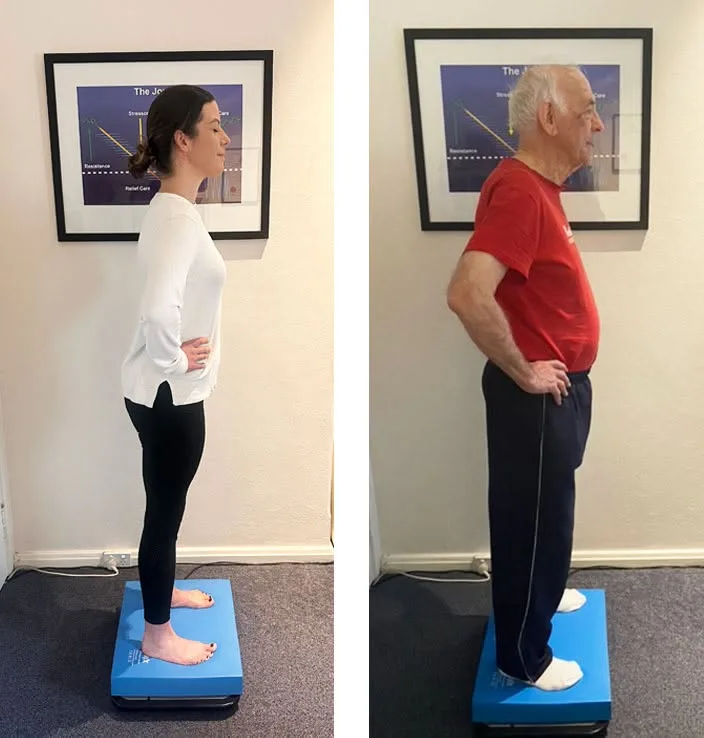 Side-profile posture and balance comparison on the BTrackS Balance Plate at Hartwell Chiropractic Centre